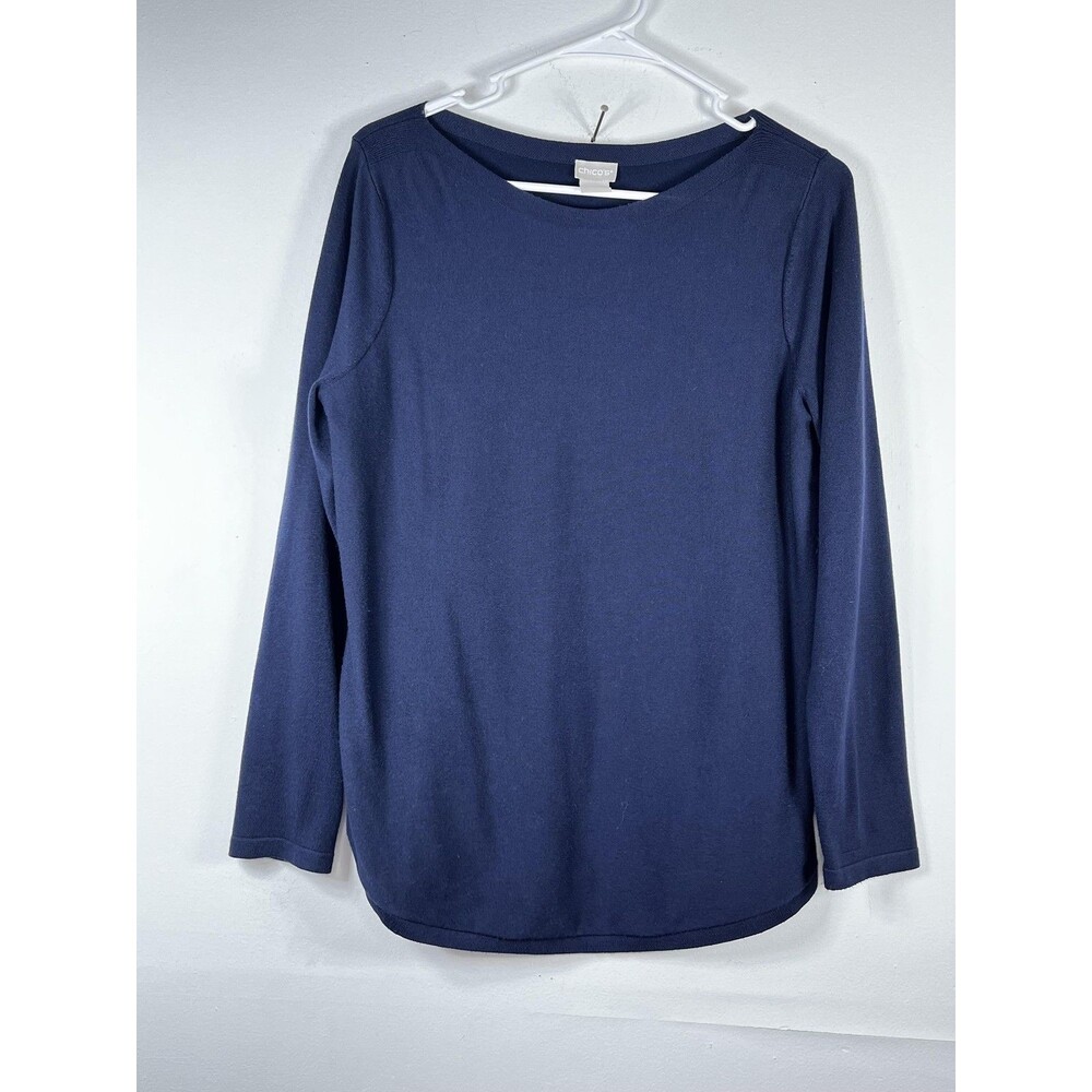 Chico's Shirt Womens Size 8 1 Blue Solid Jersey Boat Neck Long Sleeve Tee Top